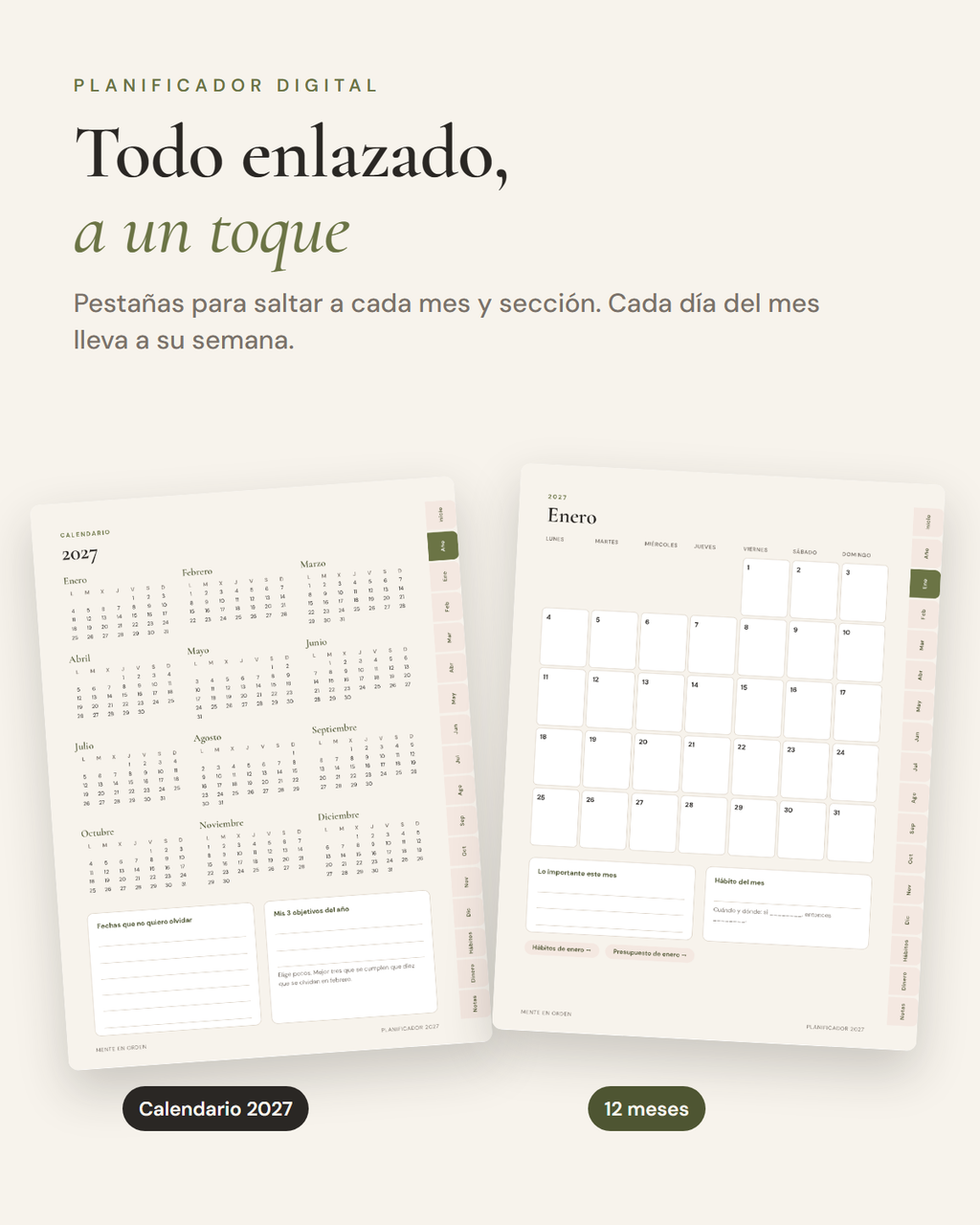 Calendario 2027 y pÃ¡gina de mes con pestaÃ±as