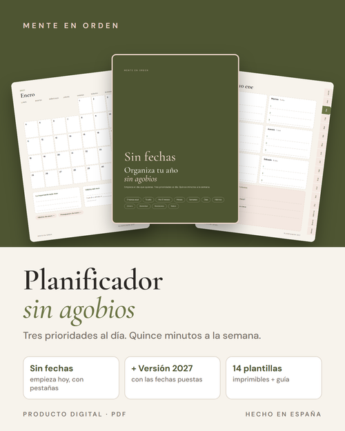 Planificador Mente en Orden: versión sin fechas, versión 2027, plantillas imprimibles y guía